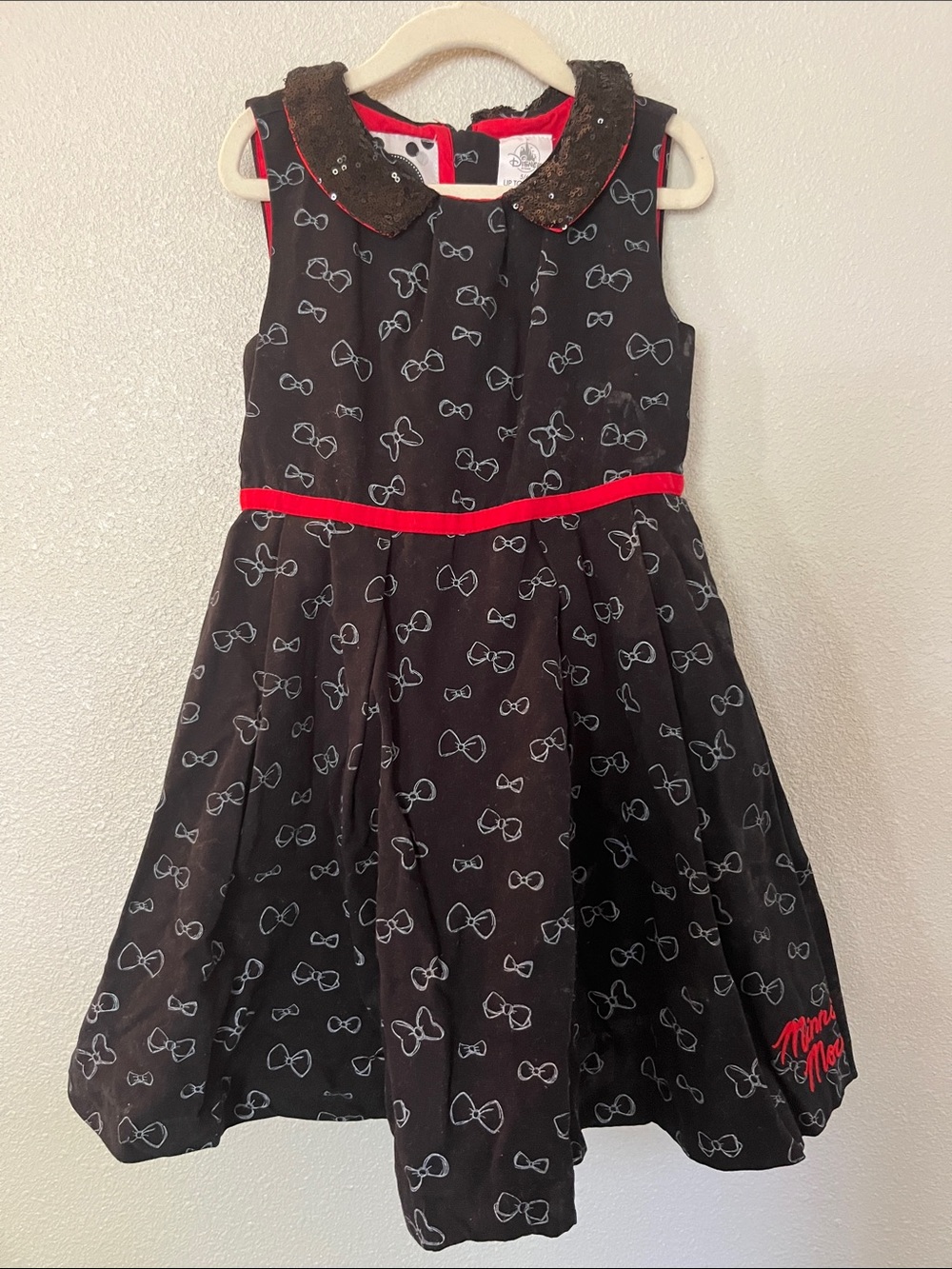 Disney Black Bow-Print Dress with Red Trim and Sequined Collar